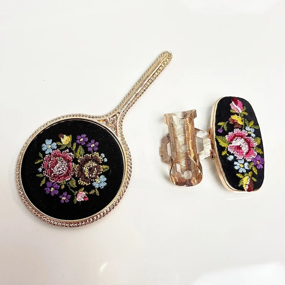 Vintage Austria Petit Point Floral Hand Mirror and Lipstick Case Vanity Set Gold